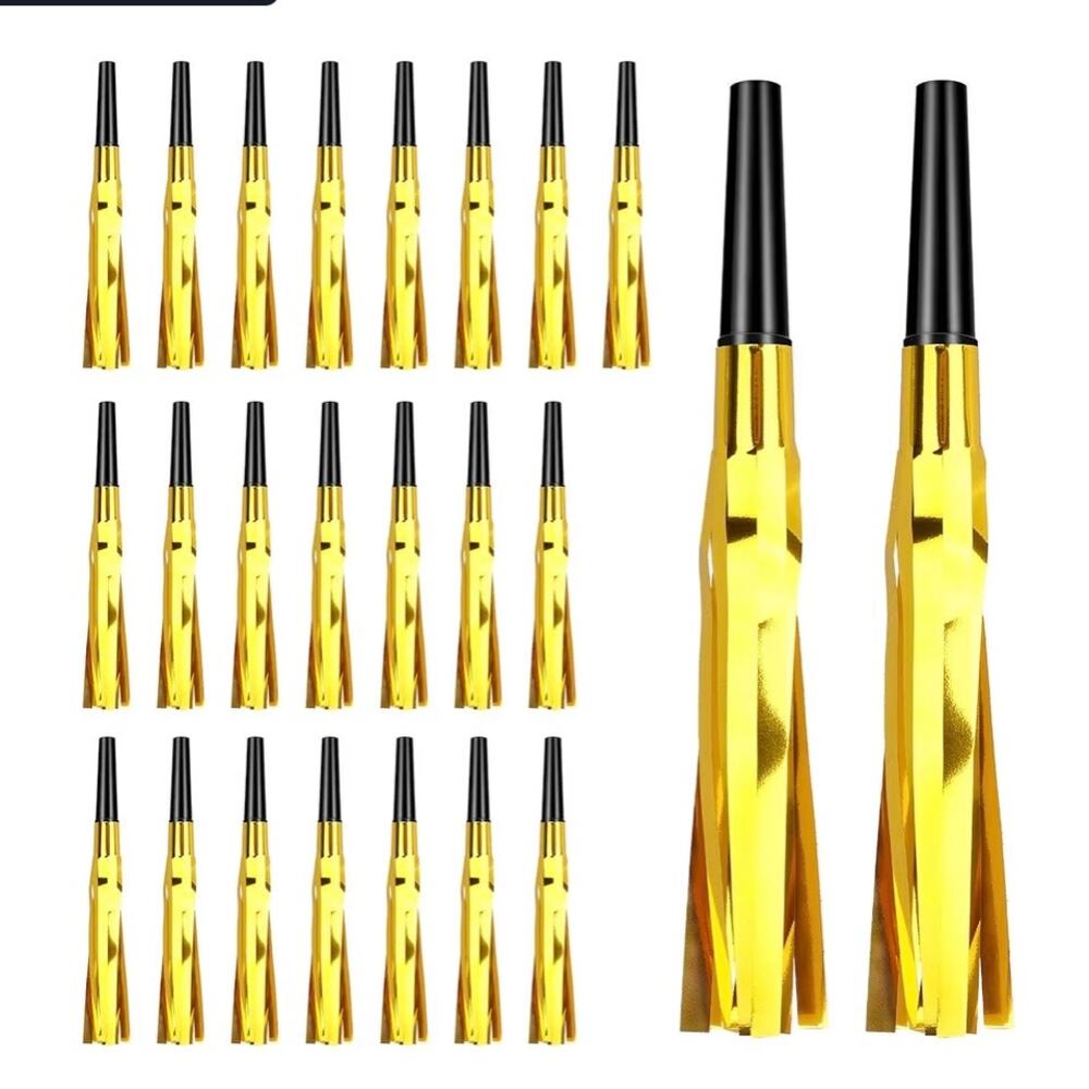 Psxuie Noise Makers 24 PCS Gold Glitter Metallic Fringed Party Blowers (C81)
